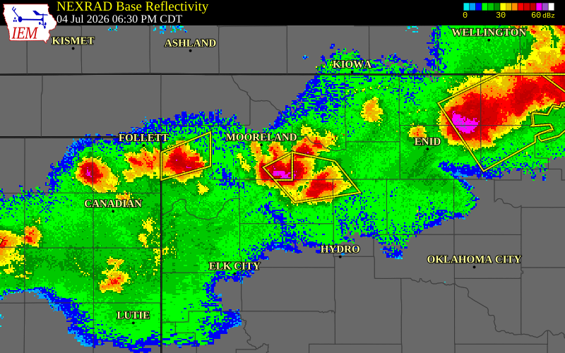 NEXRAD radar during the Saturday, July 4, 2026 storm activity in Woodward County, Oklahoma