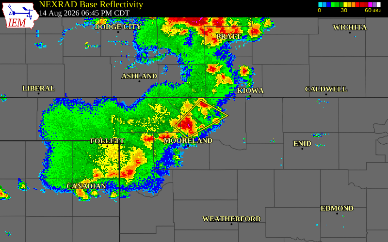NEXRAD radar during the Friday, August 14, 2026 storm activity in Woodward County, Oklahoma