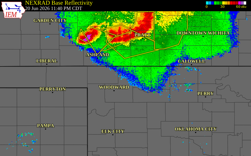 Radar snapshot during the Jun 20, 2026 wind event near 3 SSW Freedom, Woodward County, Oklahoma, with NWS warning polygons