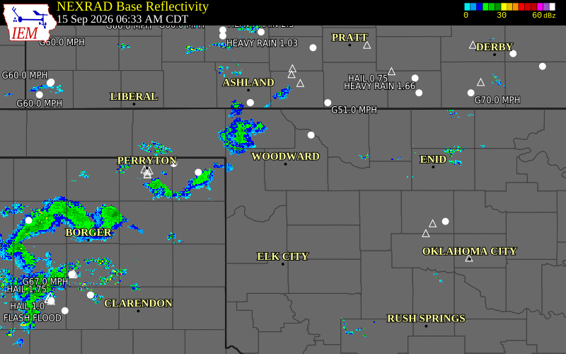 Current NEXRAD radar over Woodward County, Oklahoma with recent storm report locations