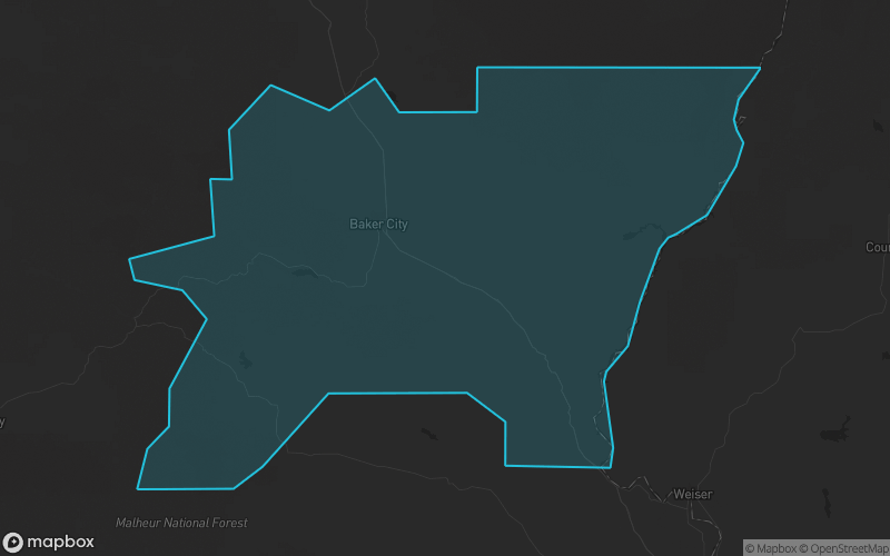 Map of Baker County, Oregon showing the county boundary and surrounding cities