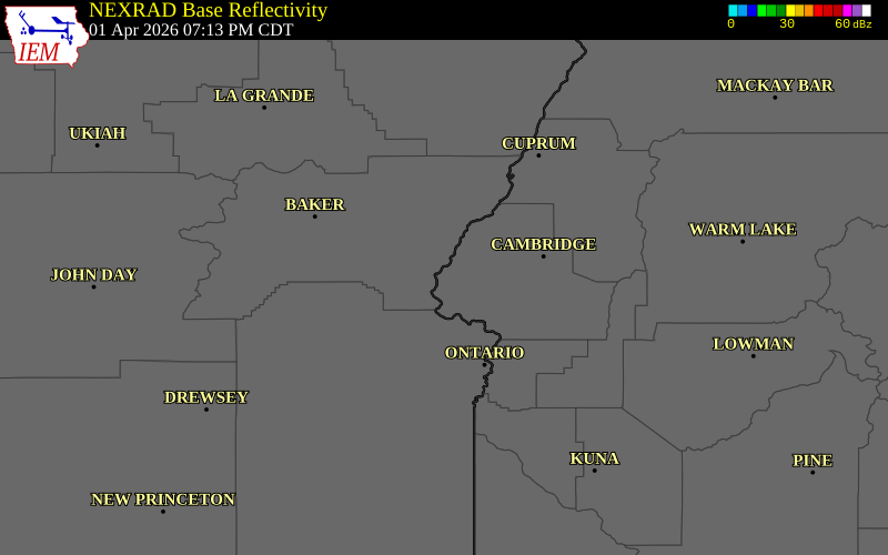 NEXRAD radar during the Wednesday, April 1, 2026 storm activity in Baker County, Oregon