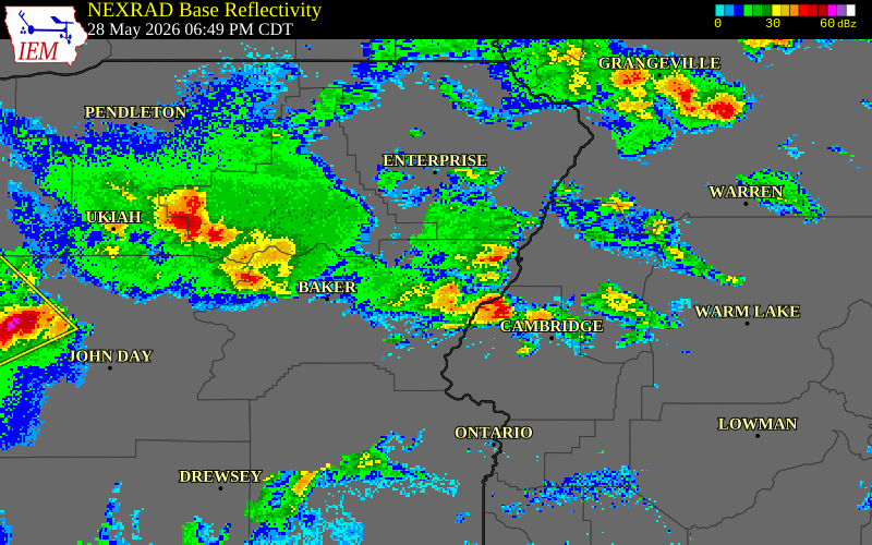 NEXRAD radar during the Thursday, May 28, 2026 storm activity in Baker County, Oregon
