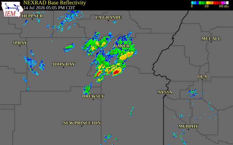 NEXRAD radar during the Tuesday, July 14, 2026 storm activity in Baker County, Oregon