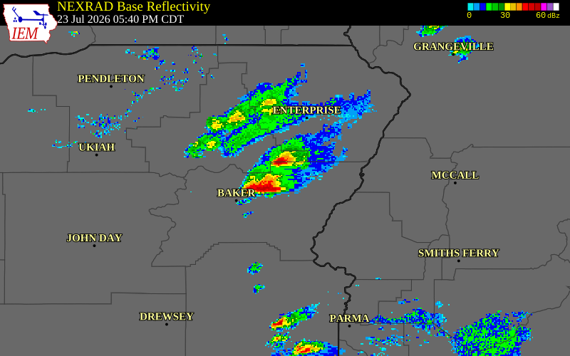 NEXRAD radar during the Thursday, July 23, 2026 storm activity in Baker County, Oregon