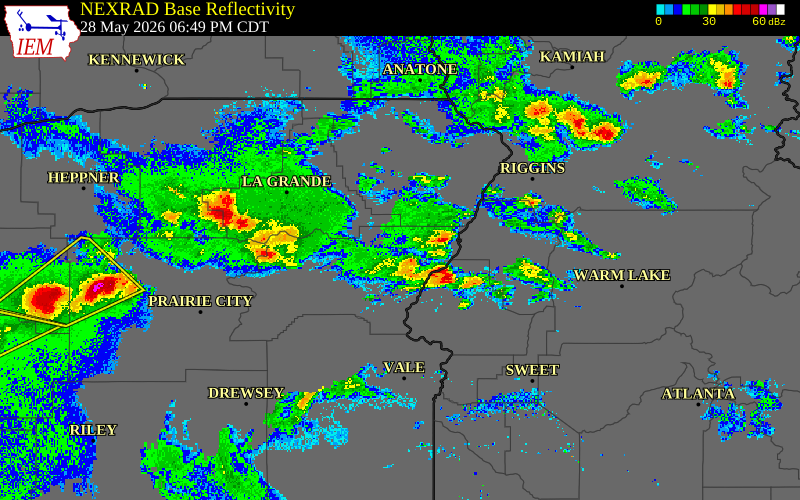 Radar snapshot during the May 28, 2026 hail event near Baker County, Baker County, Oregon, with NWS warning polygons