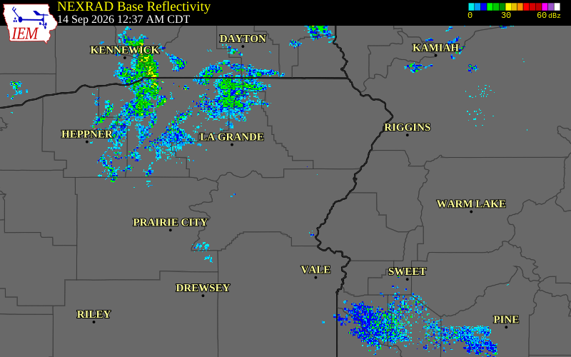 Current NEXRAD radar over Baker County, Oregon with recent storm report locations