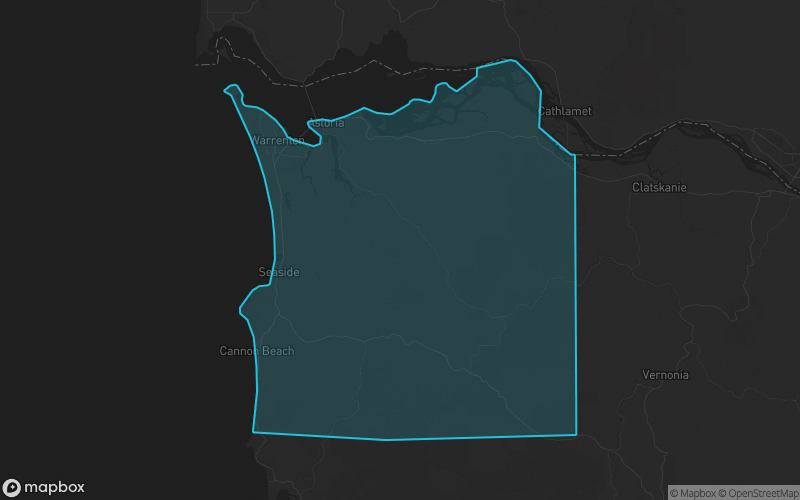 Map of Clatsop County, Oregon showing the county boundary and surrounding cities