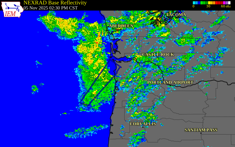 Radar snapshot during the Nov 5, 2025 wind event near 3 E Cannon Beach, Clatsop County, Oregon, with NWS warning polygons