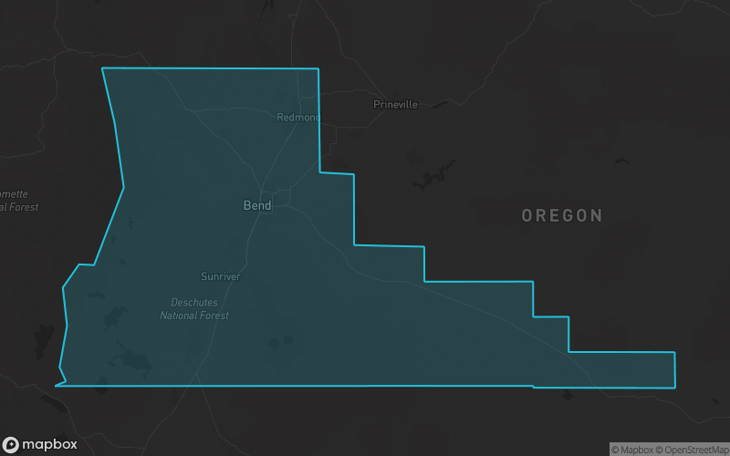 Map of Deschutes County, Oregon showing the county boundary and surrounding cities