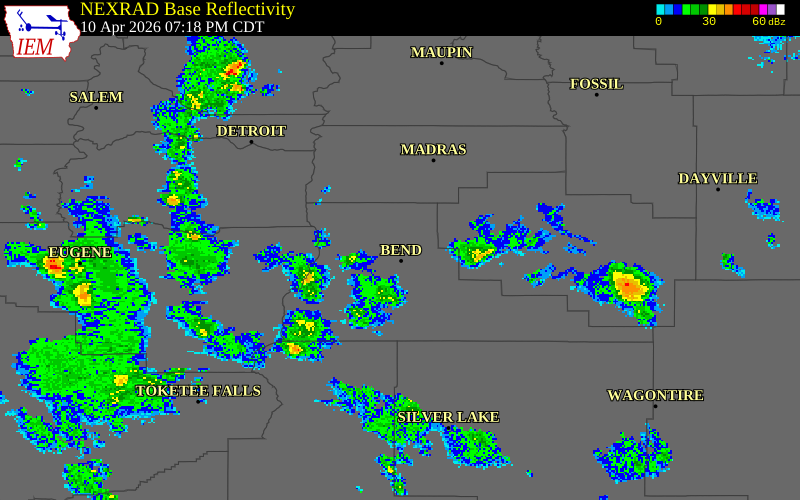 NEXRAD radar during the Friday, April 10, 2026 storm activity in Deschutes County, Oregon