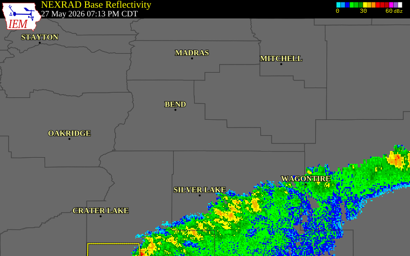 NEXRAD radar during the Wednesday, May 27, 2026 storm activity in Deschutes County, Oregon