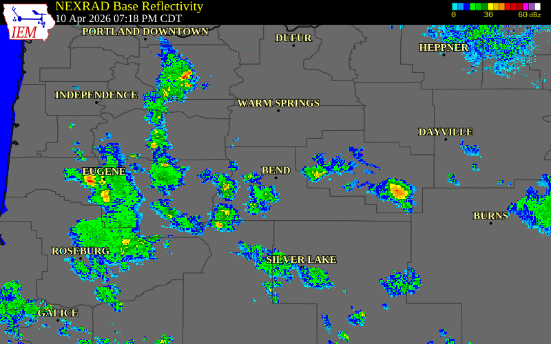 Radar snapshot during the Apr 10, 2026 wind event near 4 N Bend, Deschutes County, Oregon, with NWS warning polygons