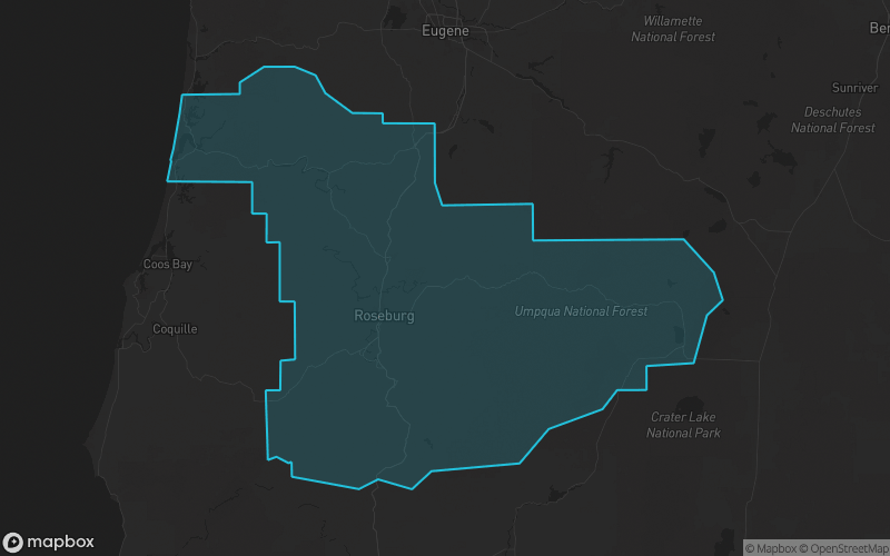 Map of Douglas County, Oregon showing the county boundary and surrounding cities