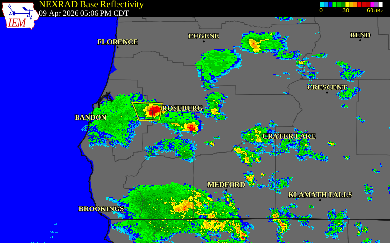 NEXRAD radar during the Thursday, April 9, 2026 storm activity in Douglas County, Oregon
