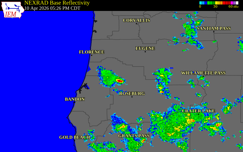 NEXRAD radar during the Friday, April 10, 2026 storm activity in Douglas County, Oregon