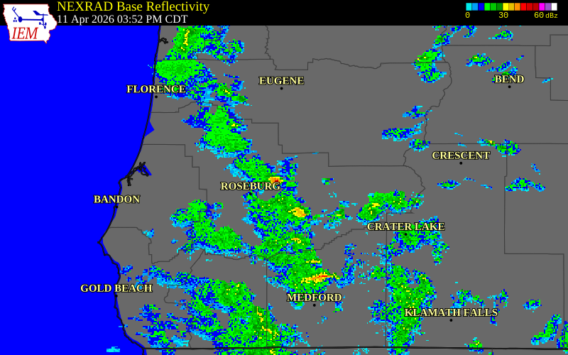 NEXRAD radar during the Saturday, April 11, 2026 storm activity in Douglas County, Oregon