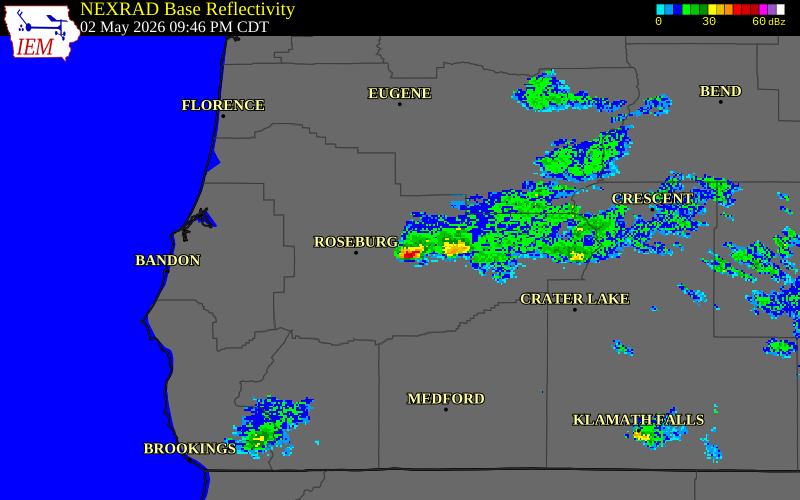 NEXRAD radar during the Saturday, May 2, 2026 storm activity in Douglas County, Oregon