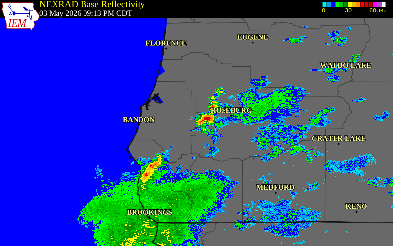 NEXRAD radar during the Sunday, May 3, 2026 storm activity in Douglas County, Oregon