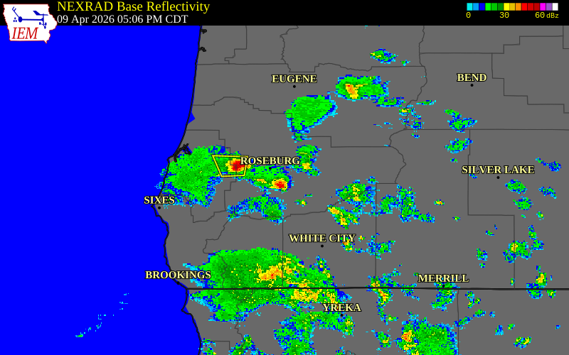 Radar snapshot during the Apr 9, 2026 hail event near Douglas County, Douglas County, Oregon, with NWS warning polygons