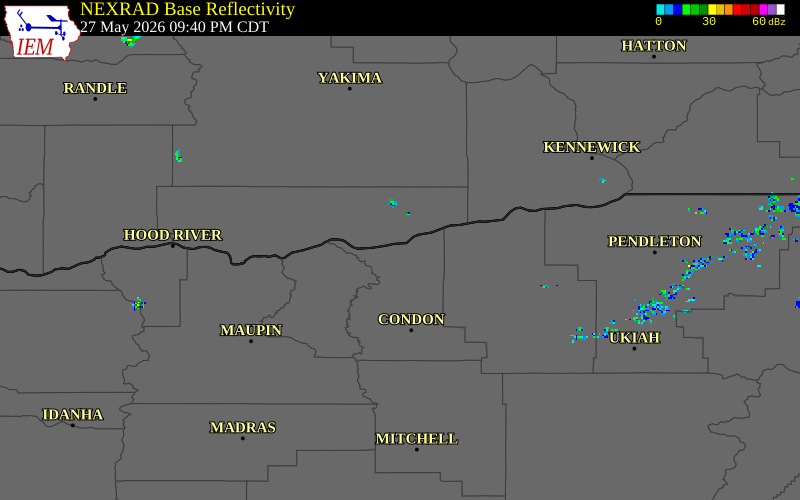 NEXRAD radar during the Wednesday, May 27, 2026 storm activity in Gilliam County, Oregon