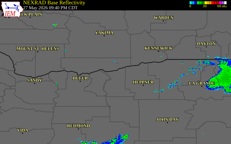 Radar snapshot during the May 27, 2026 wind event near 3 SW Arlington, Gilliam County, Oregon, with NWS warning polygons