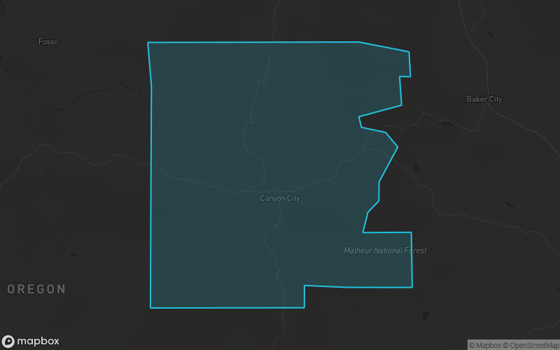 Map of Grant County, Oregon showing the county boundary and surrounding cities