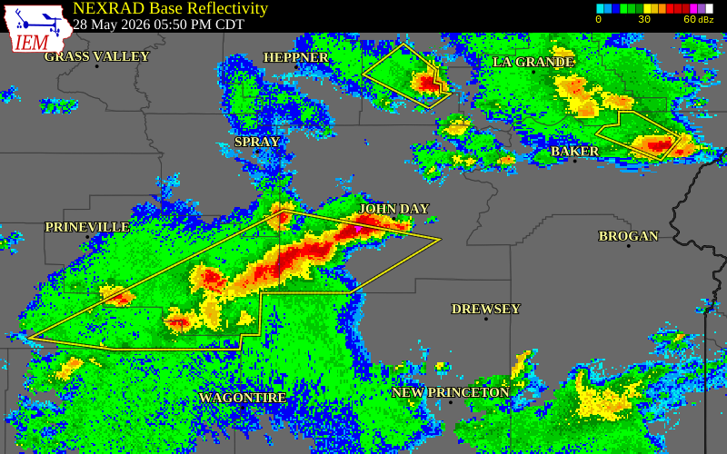 NEXRAD radar during the Thursday, May 28, 2026 storm activity in Grant County, Oregon
