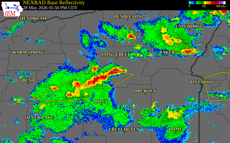 Radar snapshot during the May 28, 2026 hail event near 4 SSW Mount Vernon, Grant County, Oregon, with NWS warning polygons