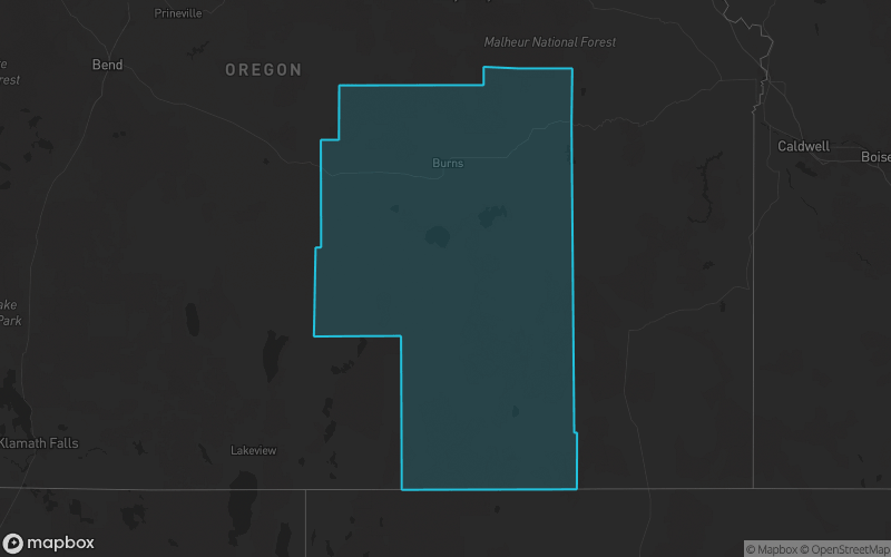 Map of Harney County, Oregon showing the county boundary and surrounding cities