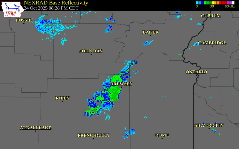 NEXRAD radar during the Friday, October 24, 2025 storm activity in Harney County, Oregon