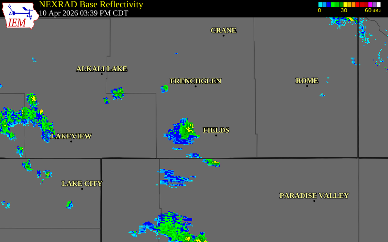 NEXRAD radar during the Friday, April 10, 2026 storm activity in Harney County, Oregon