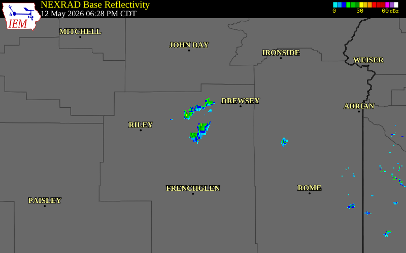 NEXRAD radar during the Tuesday, May 12, 2026 storm activity in Harney County, Oregon
