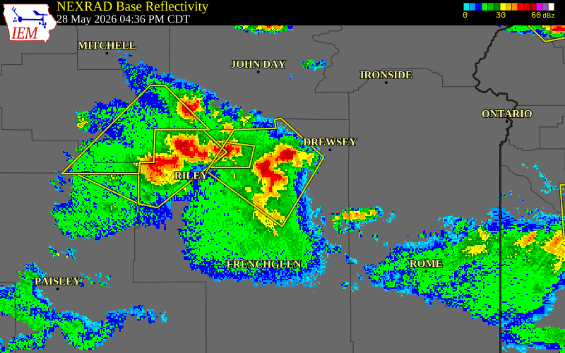 NEXRAD radar during the Thursday, May 28, 2026 storm activity in Harney County, Oregon