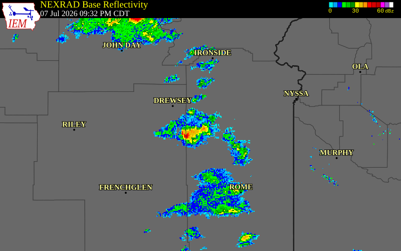 NEXRAD radar during the Tuesday, July 7, 2026 storm activity in Harney County, Oregon