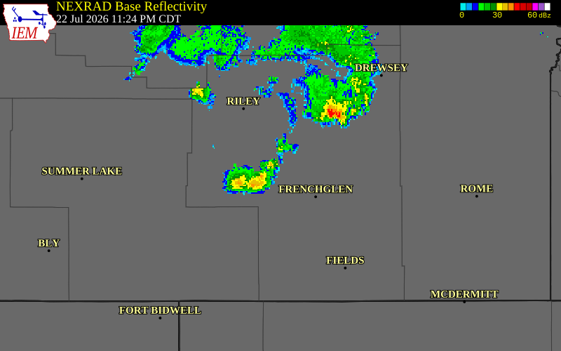 NEXRAD radar during the Wednesday, July 22, 2026 storm activity in Harney County, Oregon