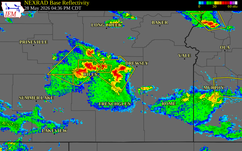 Radar snapshot during the May 28, 2026 hail event near 15 E Burns, Harney County, Oregon, with NWS warning polygons