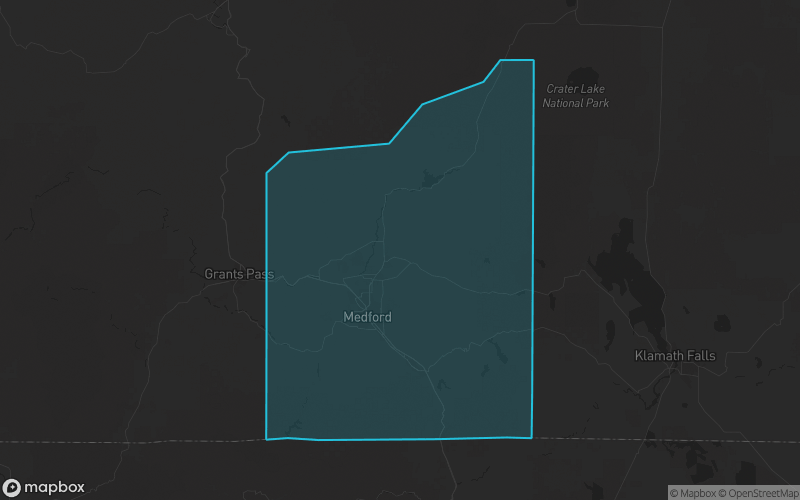 Map of Jackson County, Oregon showing the county boundary and surrounding cities