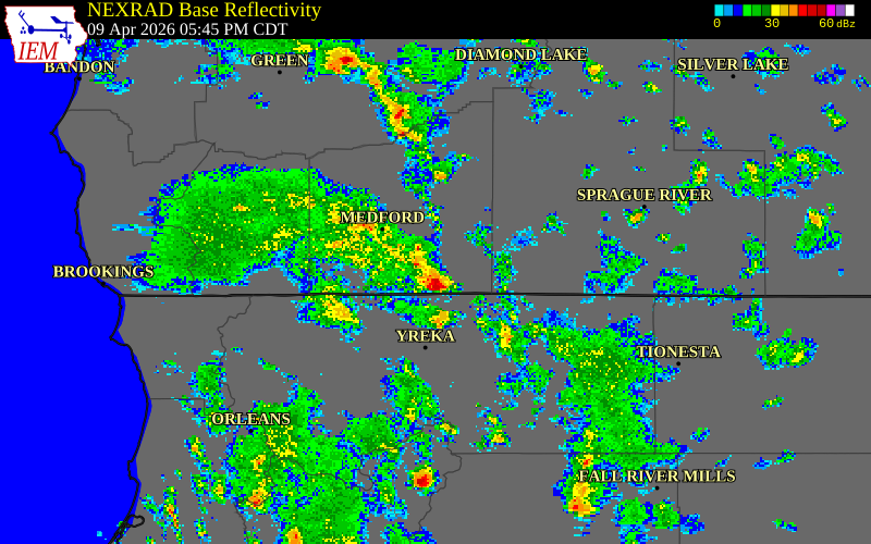 NEXRAD radar during the Thursday, April 9, 2026 storm activity in Jackson County, Oregon