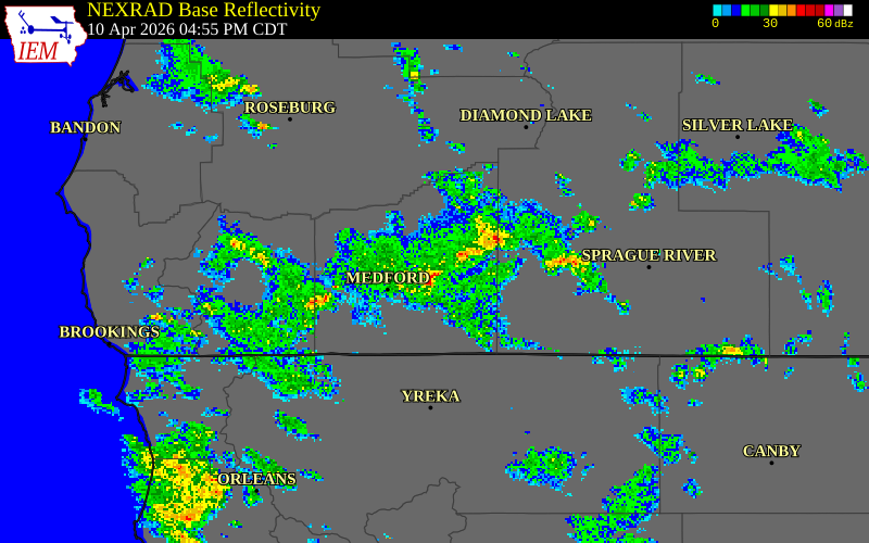 NEXRAD radar during the Friday, April 10, 2026 storm activity in Jackson County, Oregon