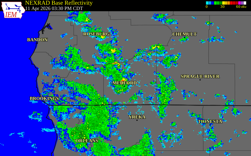 NEXRAD radar during the Saturday, April 11, 2026 storm activity in Jackson County, Oregon
