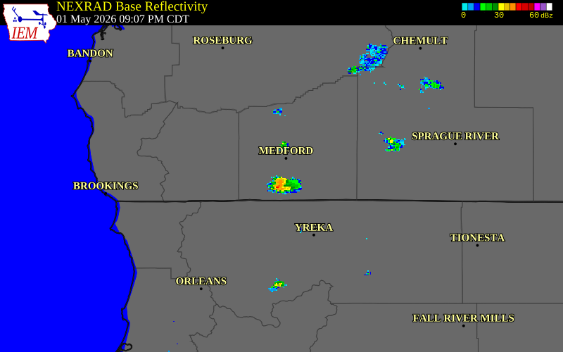 NEXRAD radar during the Friday, May 1, 2026 storm activity in Jackson County, Oregon