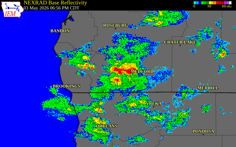 NEXRAD radar during the Sunday, May 3, 2026 storm activity in Jackson County, Oregon