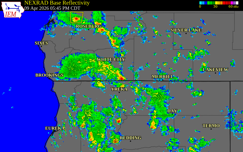 Radar snapshot during the Apr 9, 2026 hail event near Jackson County, Jackson County, Oregon, with NWS warning polygons