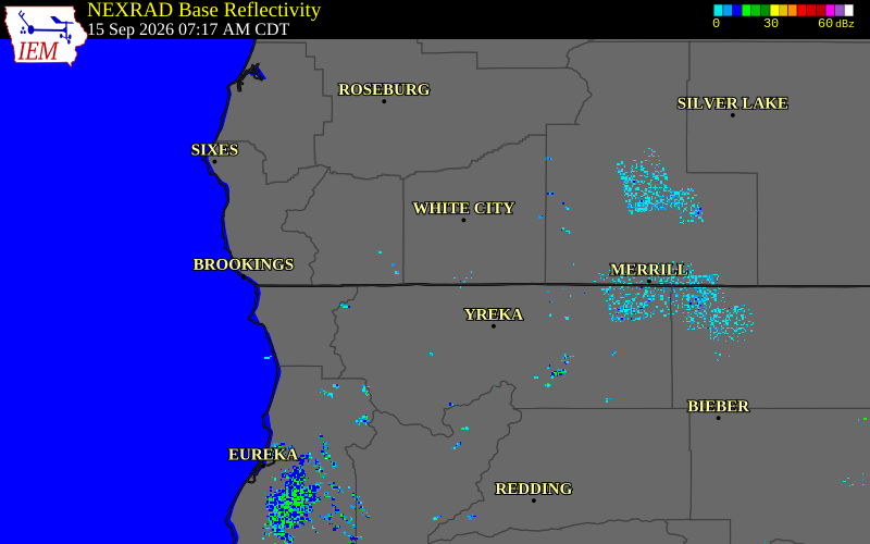 Current NEXRAD radar over Jackson County, Oregon with recent storm report locations