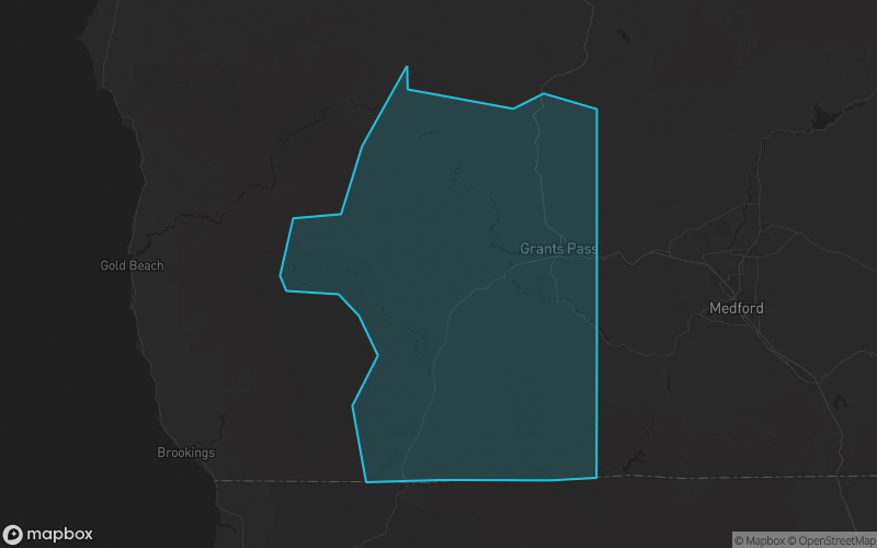 Map of Josephine County, Oregon showing the county boundary and surrounding cities