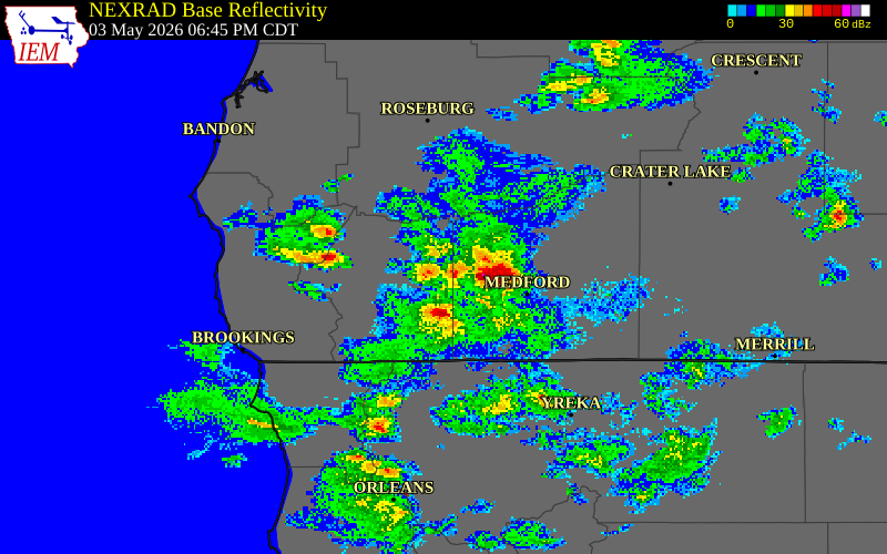 NEXRAD radar during the Sunday, May 3, 2026 storm activity in Josephine County, Oregon