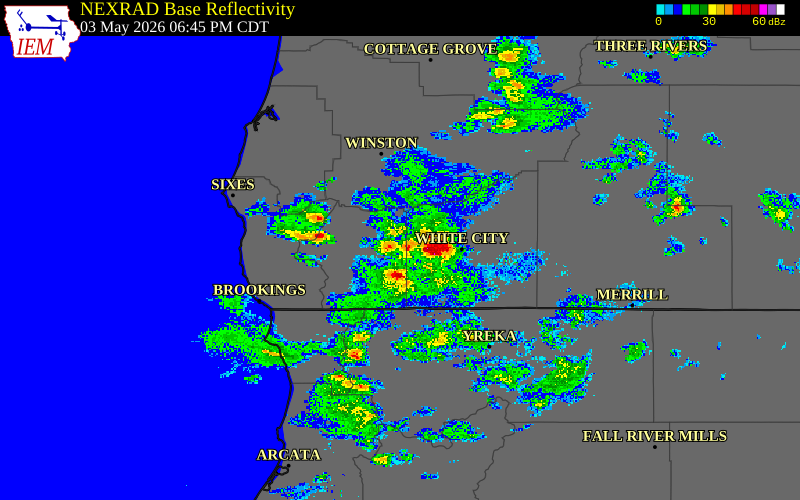 Radar snapshot during the May 3, 2026 wind event near 3 ESE Grants Pass, Josephine County, Oregon, with NWS warning polygons