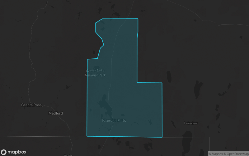 Map of Klamath County, Oregon showing the county boundary and surrounding cities