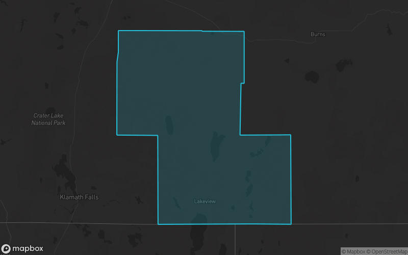 Map of Lake County, Oregon showing the county boundary and surrounding cities